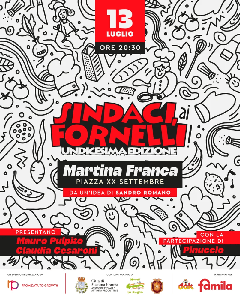 Locandina Sindaci ai fornelli 2026 Martina Franca con chef Floriano Pellegrino e Isabella Potì