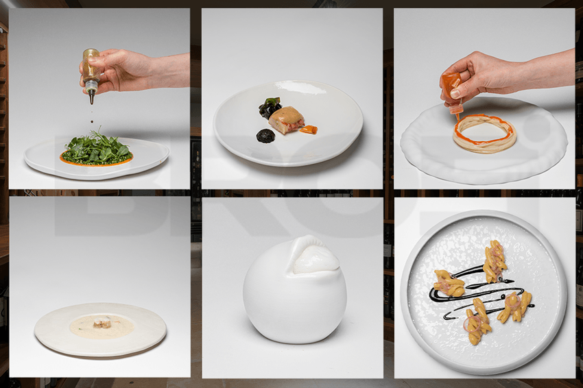 Piatti del menu degustazione Traiettorie del ristorante gourmet in Valle d'Itria Bros'